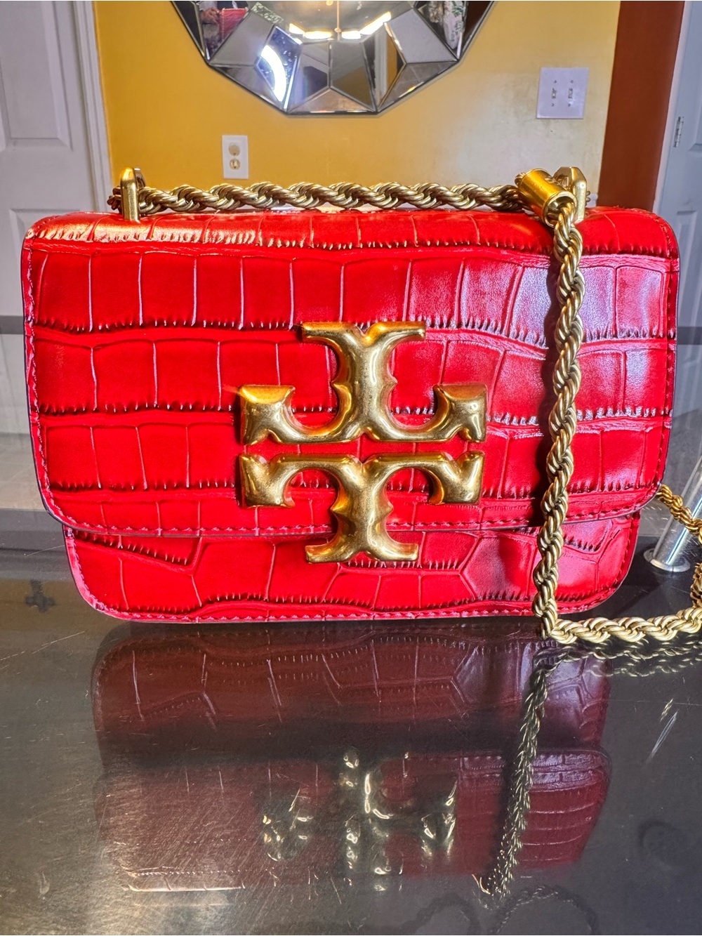 NWOT Tory Burch Small Eleanor Croc-Embossed Bag In Redstone.